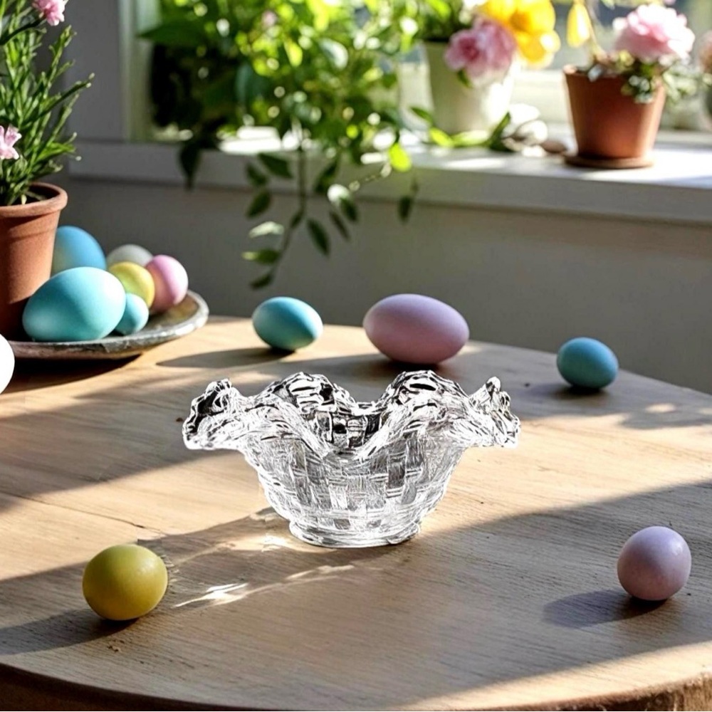 Vintage Fenton Clear Glass Basketweave Bowl with Open Edge Lace Ruffle Rim